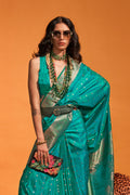 Ocean Blue Satin Banarasi Silk Saree With Blouse Piece