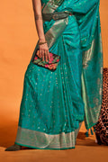 Ocean Blue Satin Banarasi Silk Saree With Blouse Piece