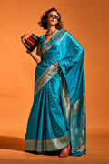Blue Satin Banarasi Silk Saree With Blouse Piece