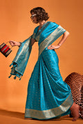 Blue Satin Banarasi Silk Saree With Blouse Piece