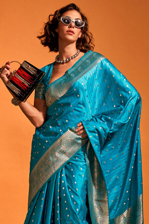 Blue Satin Banarasi Silk Saree With Blouse Piece