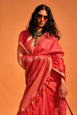 Red Satin Banarasi Silk Saree With Blouse Piece