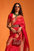 Red Satin Banarasi Silk Saree With Blouse Piece