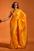 Yellow Satin Banarasi Silk Saree With Blouse Piece
