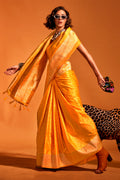 Yellow Satin Banarasi Silk Saree With Blouse Piece