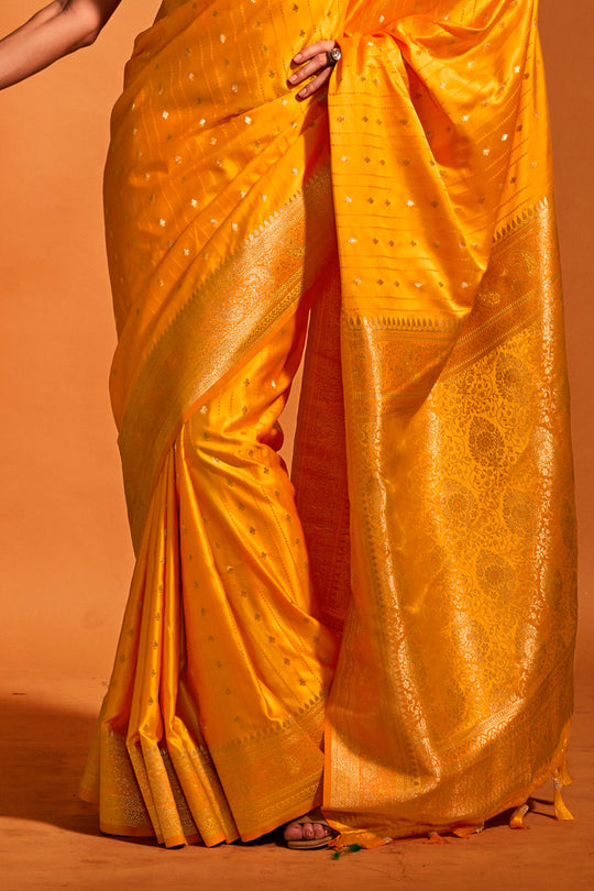 Yellow Satin Banarasi Silk Saree With Blouse Piece