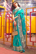 Teal Blue Banarasi Art Silk Saree With Blouse Piece