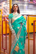 Teal Blue Banarasi Art Silk Saree With Blouse Piece