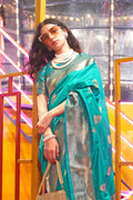 Teal Blue Banarasi Art Silk Saree With Blouse Piece