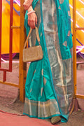 Teal Blue Banarasi Art Silk Saree With Blouse Piece