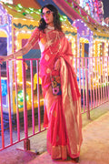 Red Banarasi Art Silk Saree With Blouse Piece
