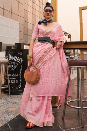 Womens Linen Blend Flamingo Pink Saree With Blouse Piece