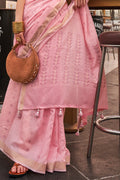 Womens Linen Blend Flamingo Pink Saree With Blouse Piece