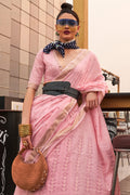 Womens Linen Blend Flamingo Pink Saree With Blouse Piece