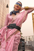 Womens Linen Blend Flamingo Pink Saree With Blouse Piece