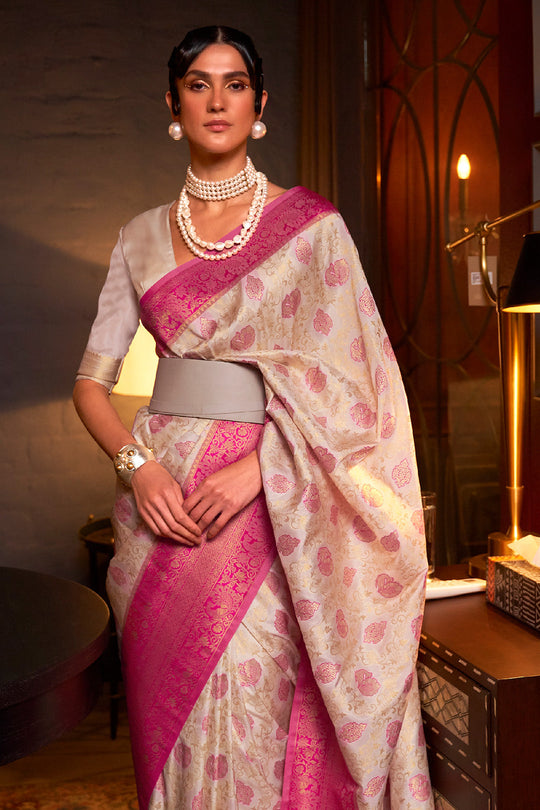 Magenta Pink And Beige Kanjivaram Saree