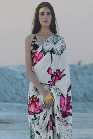 Daisy White Satin Print Saree