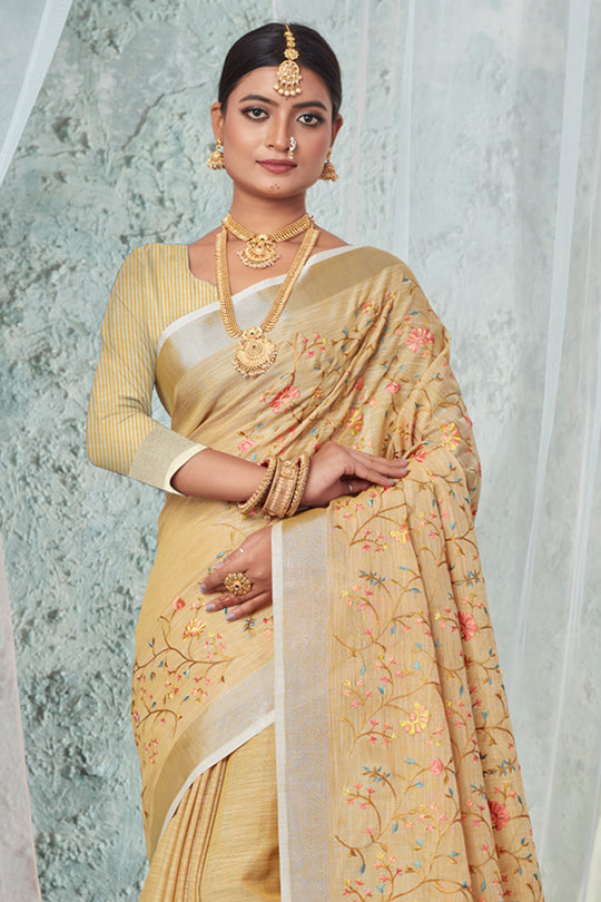 Buttermilk Beige Linen Blend Saree