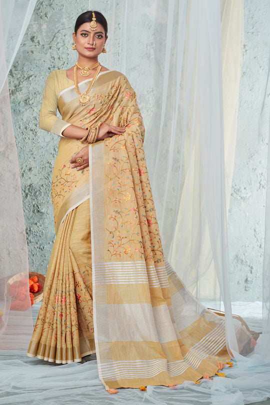 Buttermilk Beige Linen Blend Saree