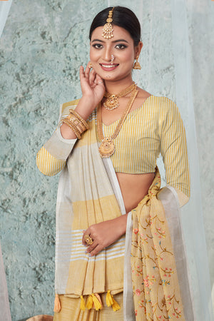Buttermilk Beige Linen Blend Saree