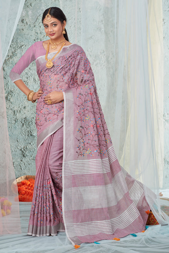Rose Pink Linen Blend Saree