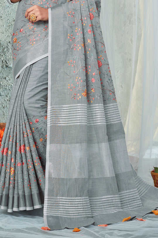 Coin Grey Linen Blend Saree