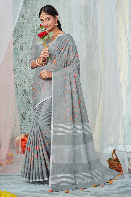 Coin Grey Linen Blend Saree