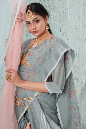 Coin Grey Linen Blend Saree