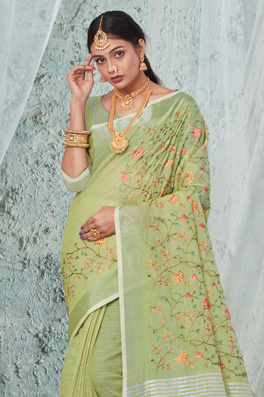 Lime Green Linen Blend Saree