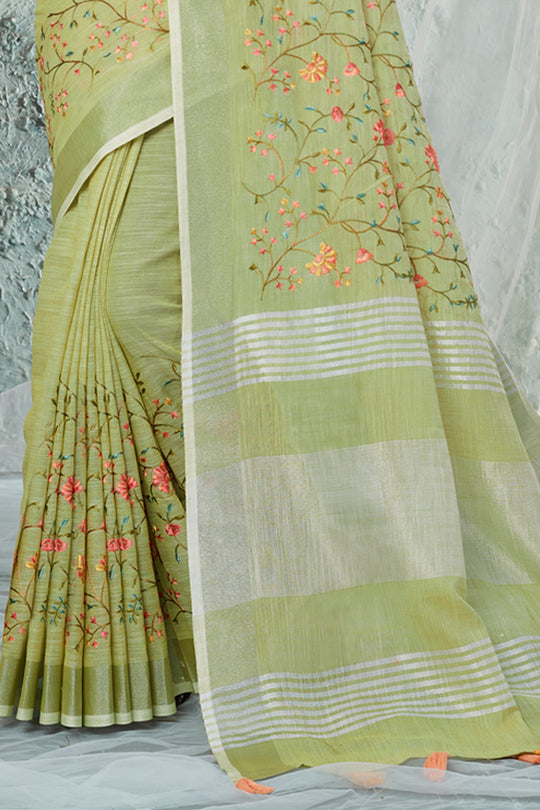 Lime Green Linen Blend Saree