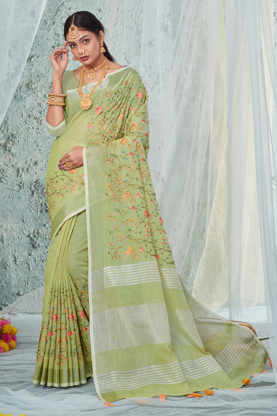 Lime Green Linen Blend Saree