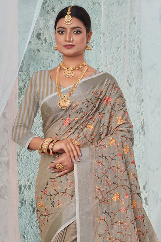 Tan Beige Linen Blend Saree