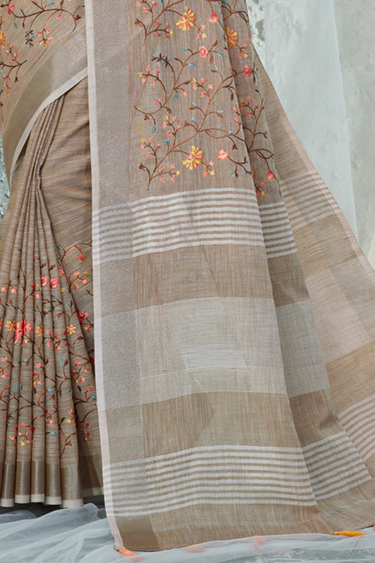 Tan Beige Linen Blend Saree