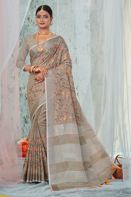 Tan Beige Linen Blend Saree