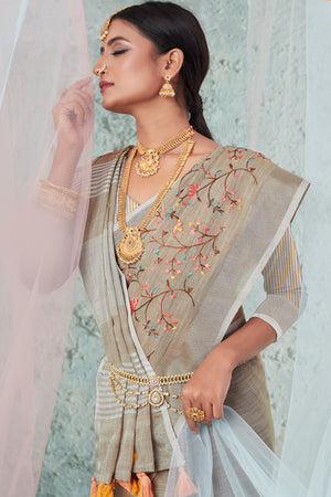Tan Beige Linen Blend Saree