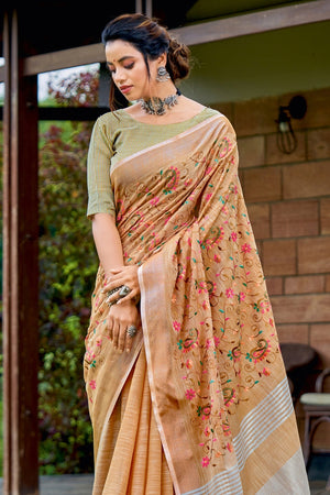 Beige Linen Blend Saree