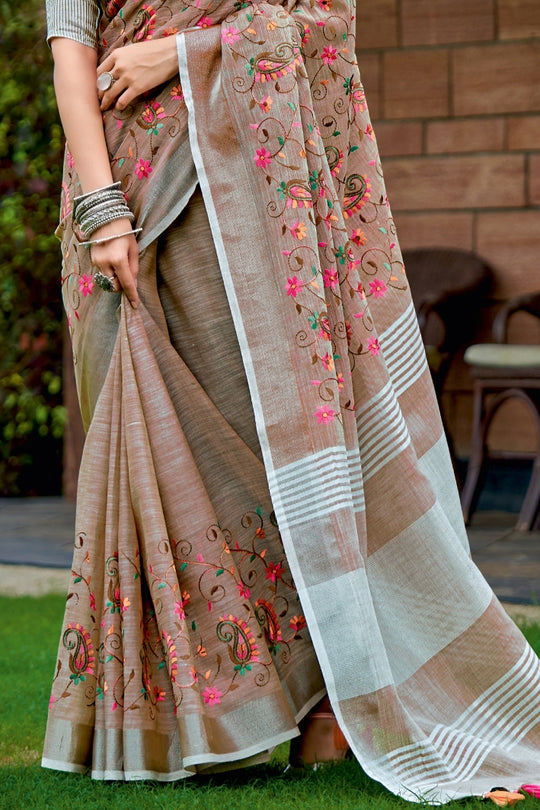 Fawn Brown Linen Blend Saree