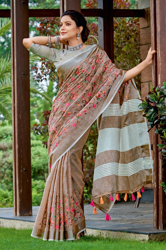 Fawn Brown Linen Blend Saree