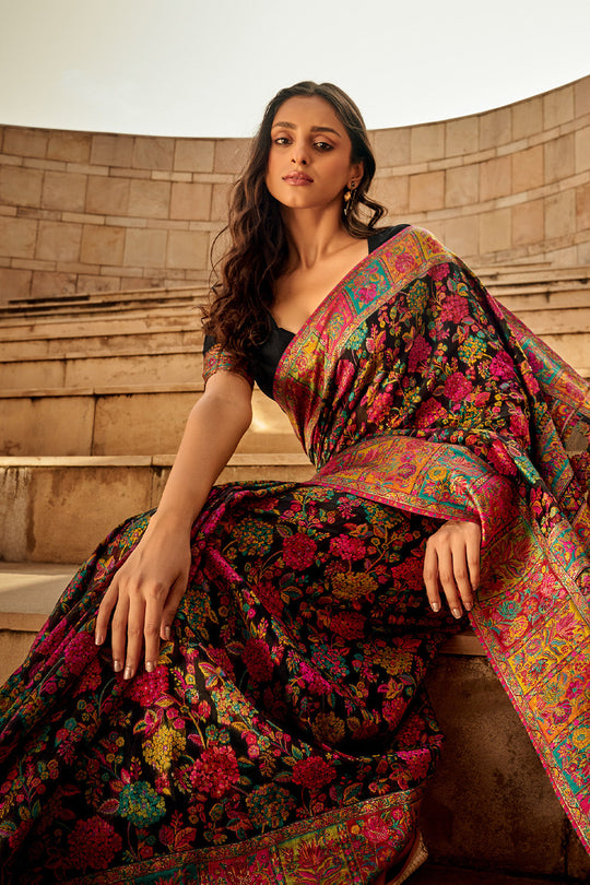 Black Multi Color Kashmiri Pashmina Silk Saree With Blouse Piece