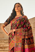 Black Multi Color Kashmiri Pashmina Silk Saree With Blouse Piece