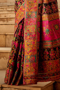 Black Multi Color Kashmiri Pashmina Silk Saree With Blouse Piece