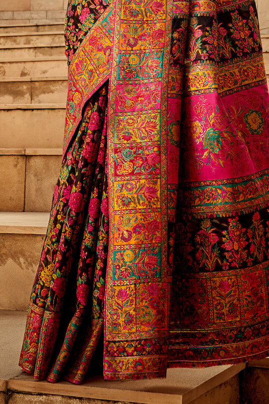 Black Multi Color Kashmiri Pashmina Silk Saree With Blouse Piece