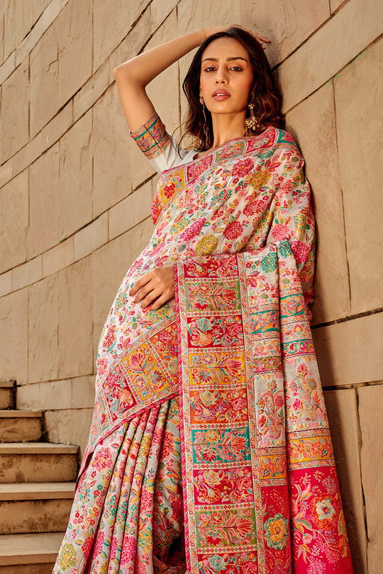 Off White Multi Color Kashmiri Pashmina Silk Saree With Blouse Piece