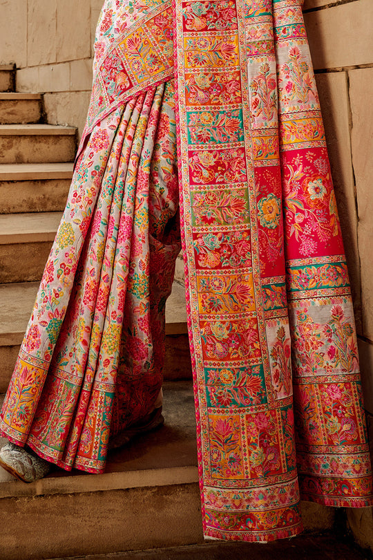 Off White Multi Color Kashmiri Pashmina Silk Saree With Blouse Piece