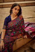 Navy Blue Multi Color Kashmiri Pashmina Silk Saree With Blouse Piece