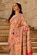 Cream Multi Color Kashmiri Pashmina Silk Saree With Blouse Piece