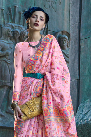 Baby Pink Pashmina Silk Organza Saree With Blouse Piece