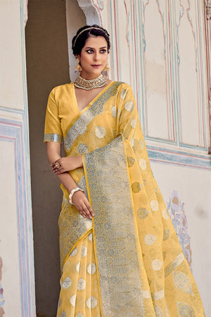 Womens Linen Blend Yellow Saree With Blouse Piece