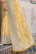 Womens Linen Blend Yellow Saree With Blouse Piece