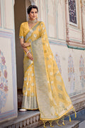 Womens Linen Blend Yellow Saree With Blouse Piece